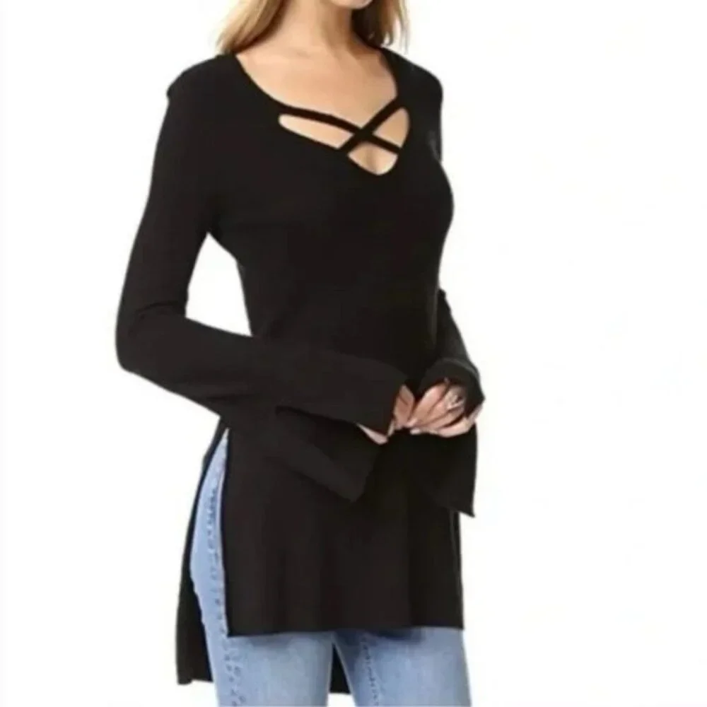 Free People Black Crisscross L/S Sweater Dress Tunic | Boho Twilightcore Casual - Picture 4 of 11